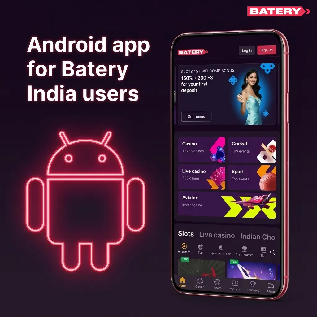 Android phone displaying the Batery betting app with cricket odds and casino games, plus steps to download and install the APK