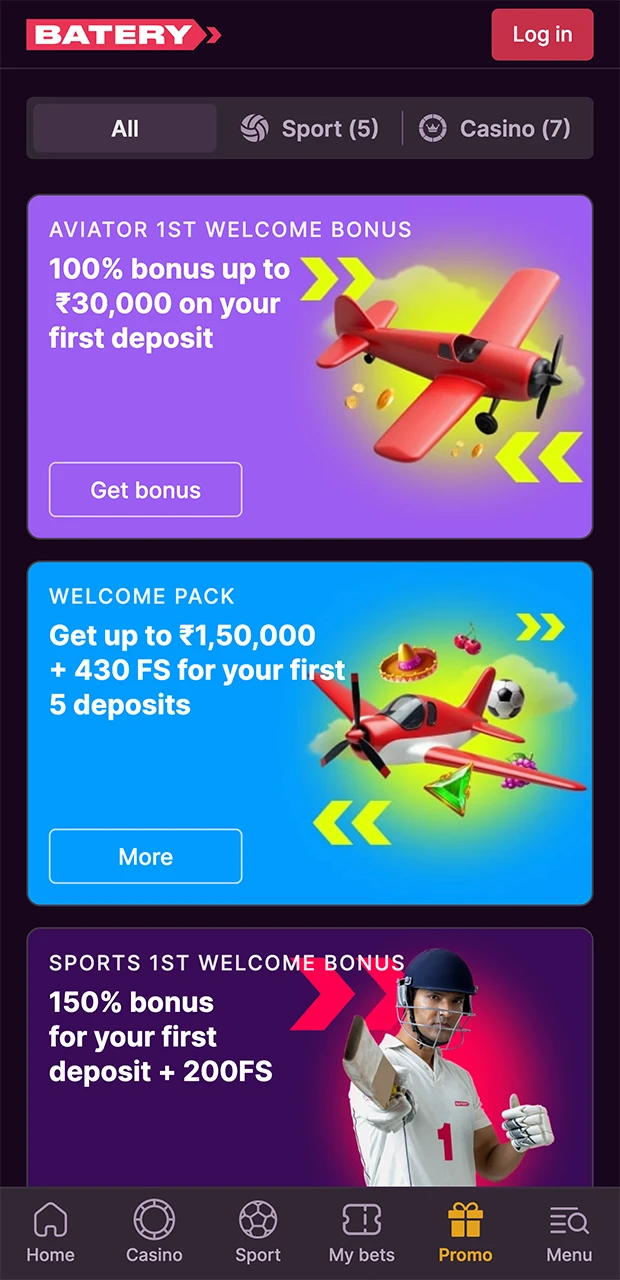 Promotions and bonuses available in the Batery app.