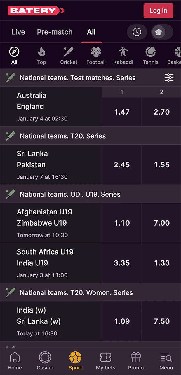 Sports betting in the Batery app.