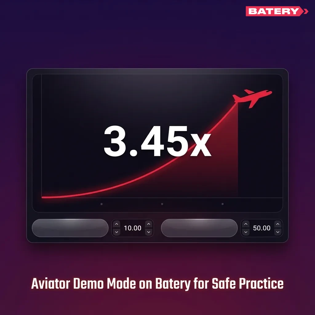 Aviator demo mode on Batery showing a cartoon plane, multiplier graph, virtual bets, and game stats on screen