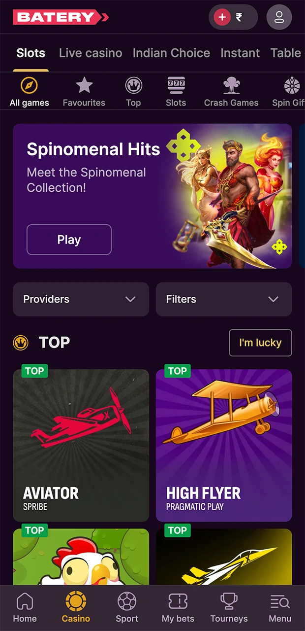 Use the search function on the Batery website to find the game Aviator.