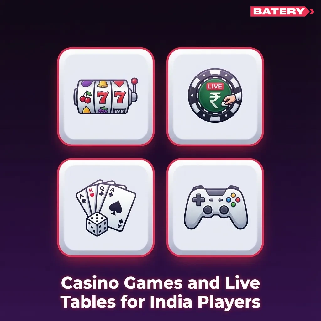 Casino lobby showing slots, live roulette, blackjack, Teen Patti, Andar Bahar and other games for Indian players