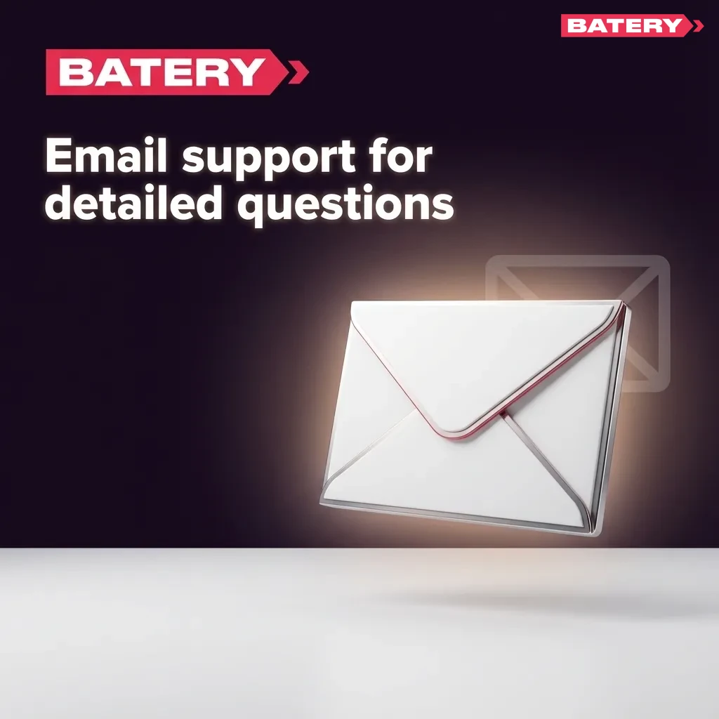 Illustration of a user emailing support@batery.com with documents and screenshots for detailed account and payment help