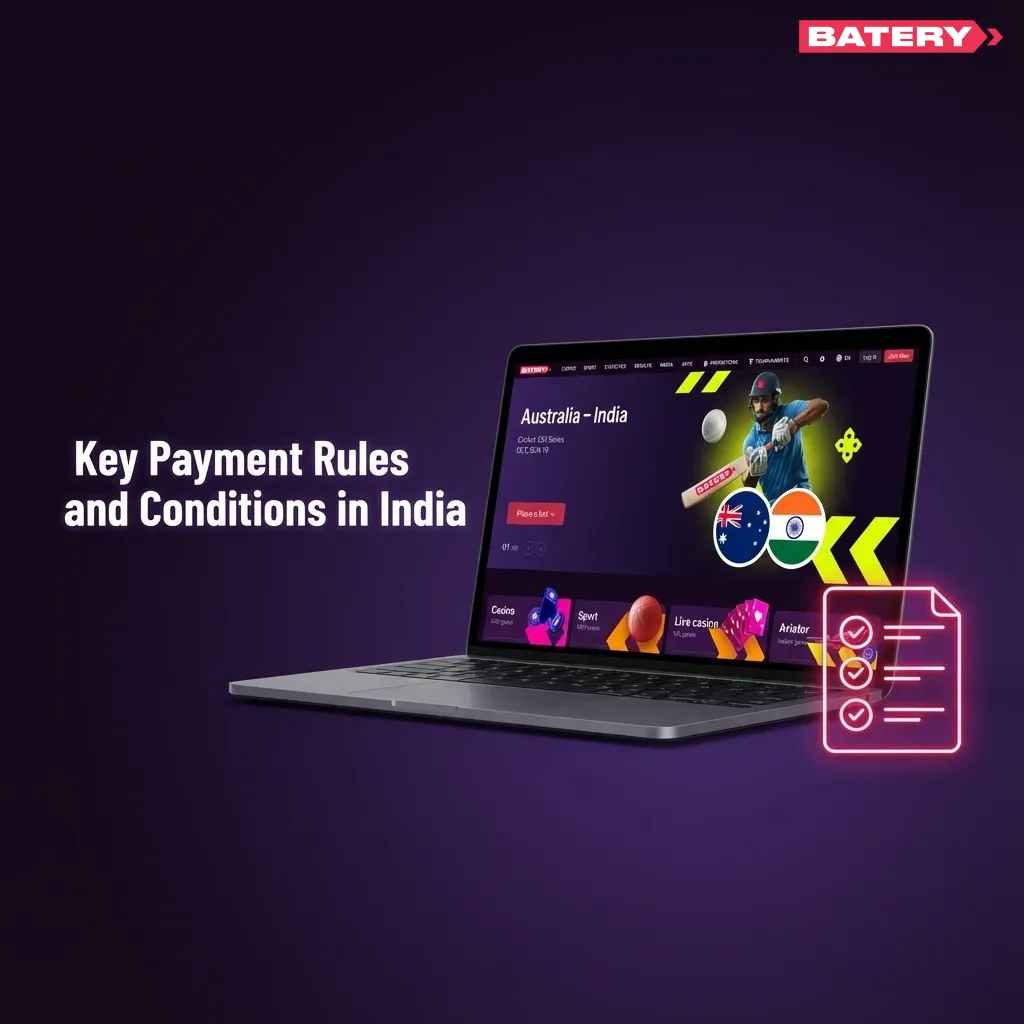 Illustrated checklist of key Indian payment rules: KYC, name match, same method use, bonus wagering, and changing limits.