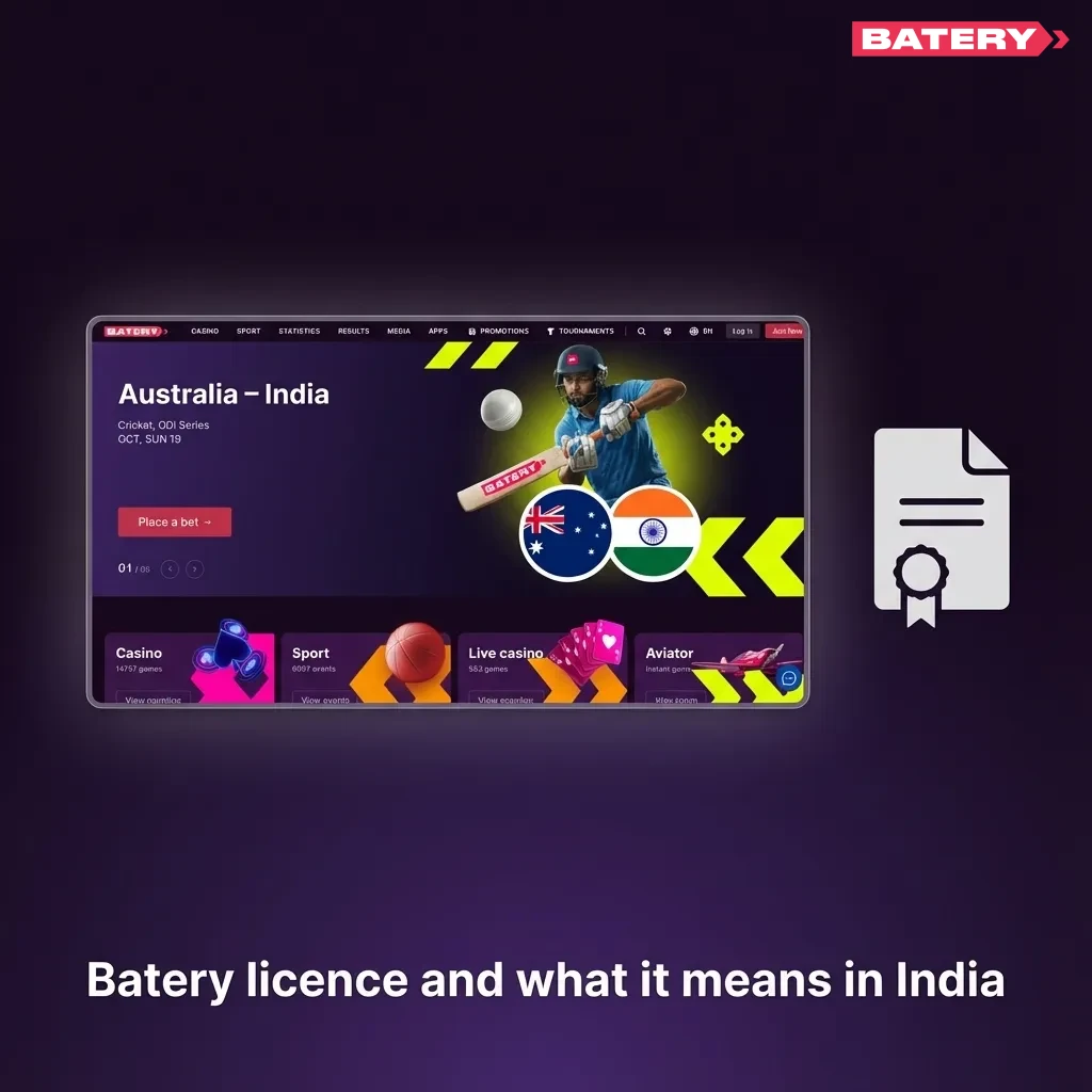 Infographic explaining Batery’s 2023 Curacao eGaming licence and its regulated protections for Indian players