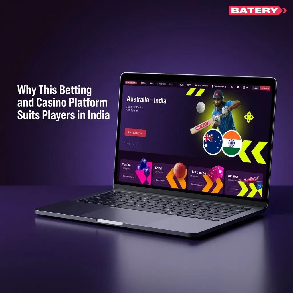 Indian-focused betting platform interface showing sports odds, live betting options, casino games, and secure payment icons on screen