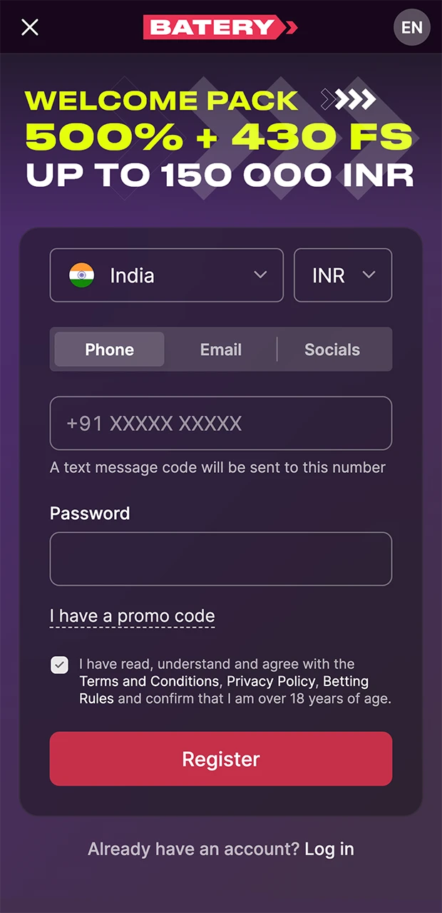 Create a unique password when registering at Batery Casino.