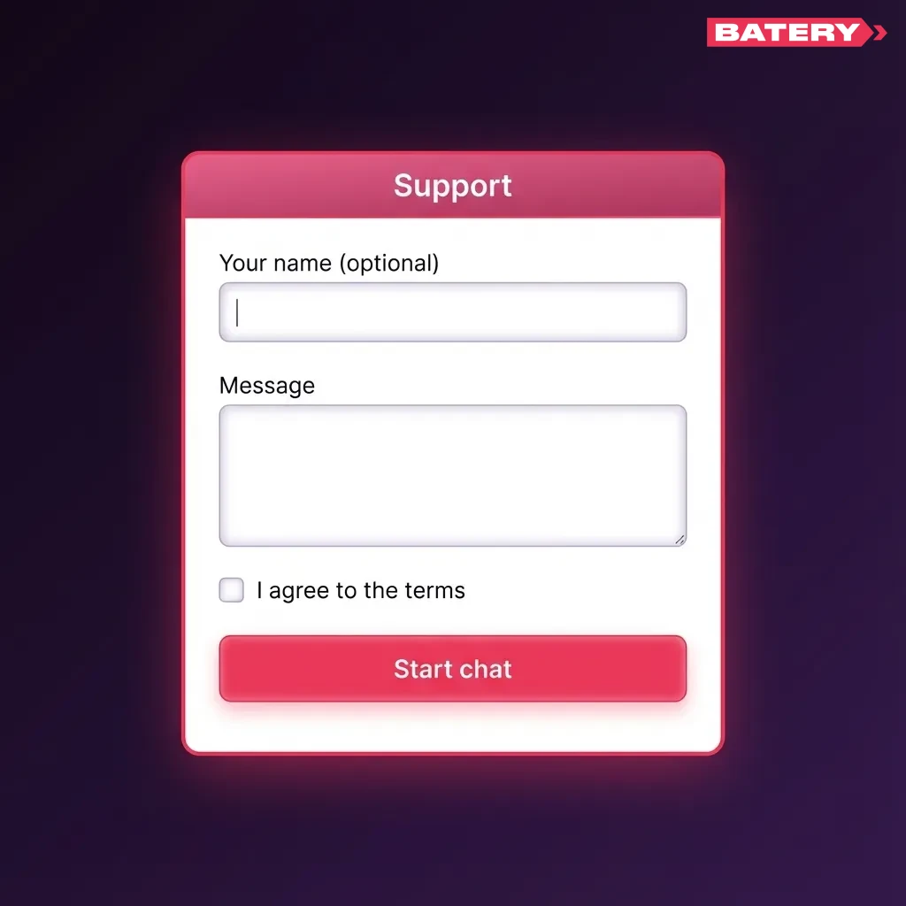 Batery India customer support options: live chat, email, help centre, FAQ, and social media, available 24/7 for bettors
