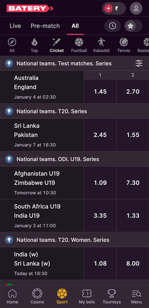 On the website, you will find a multitude of cricket tournaments on which you can place your bets.