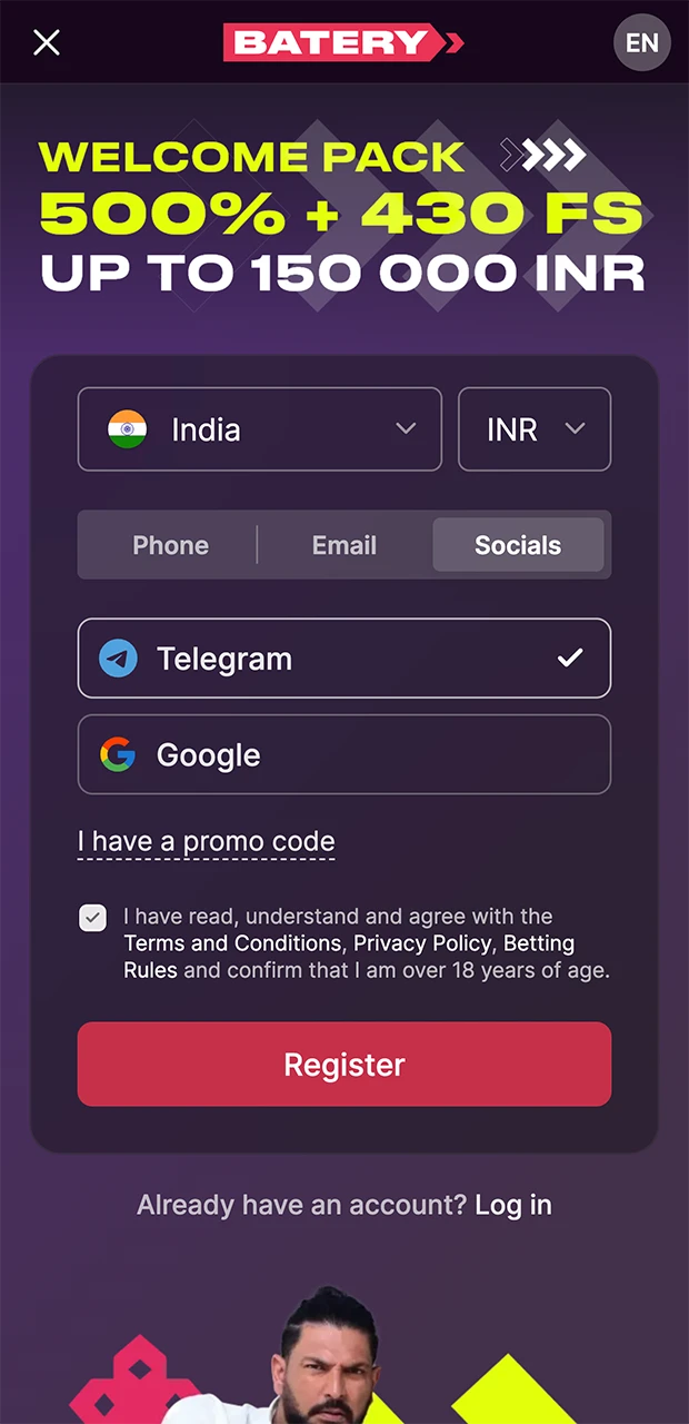 Use social media to quickly register on the Batery website.