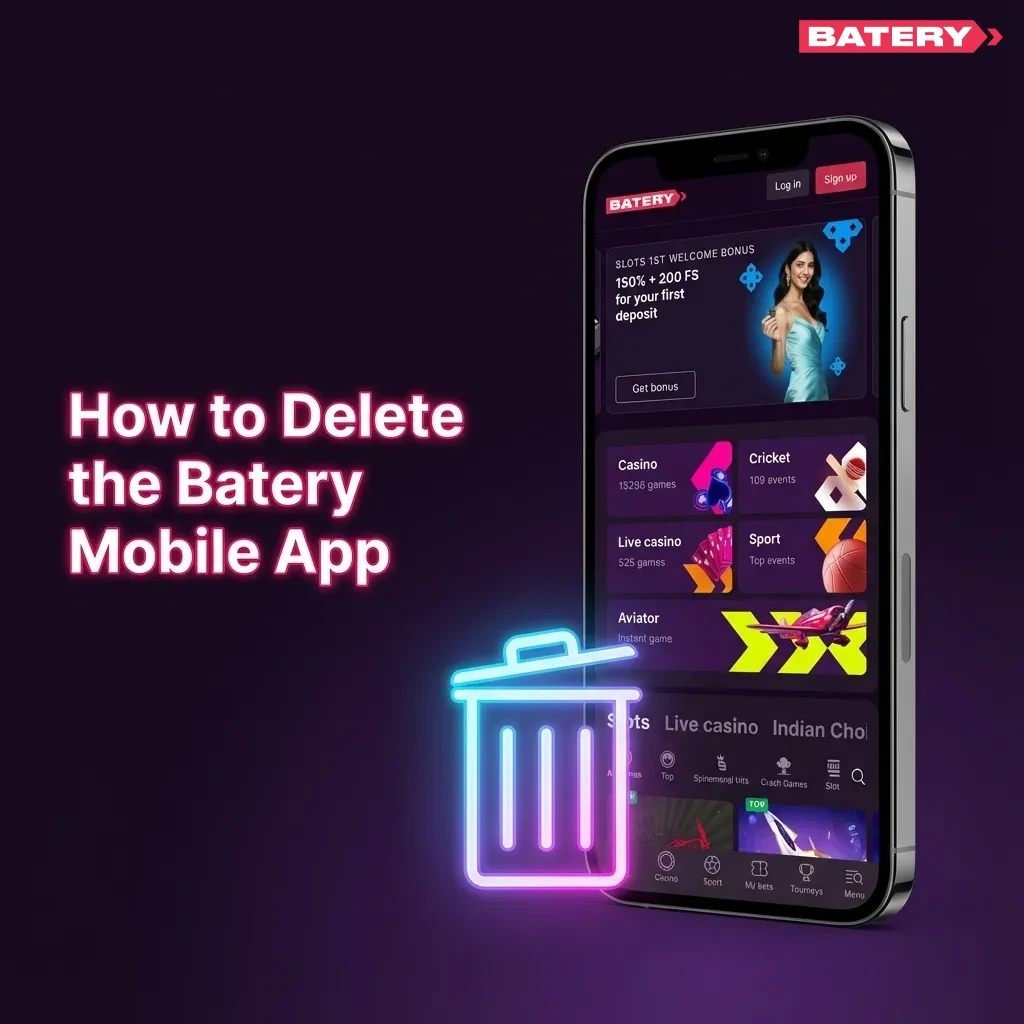 Illustration of deleting the Batery app on Android and iOS, showing uninstall and remove app options while data stays saved