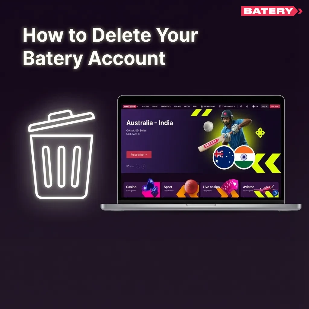 Illustrated guide showing steps to delete or close a Batery gambling account via login and customer support