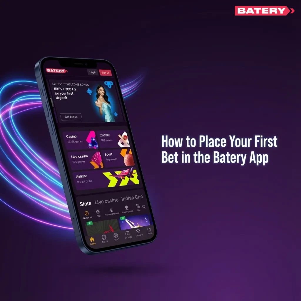 Illustrated Batery app screen showing steps to deposit, pick an IPL match, enter stake, and confirm your first bet