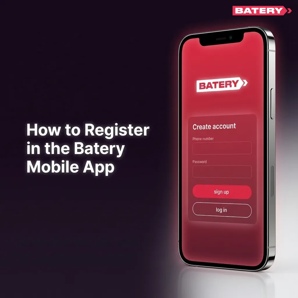 Illustration of Batery app registration steps on a phone: sign up, enter details, verify via OTP or email, then log in