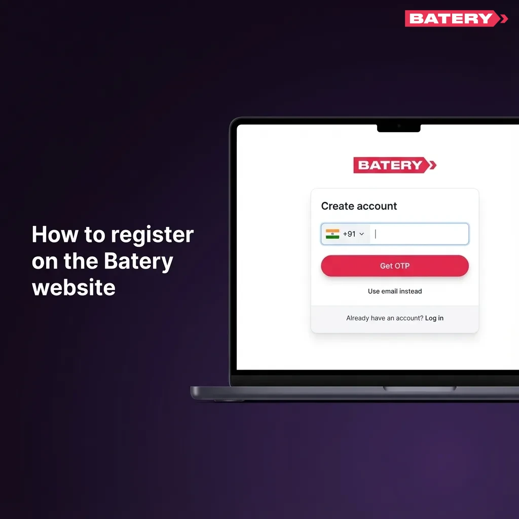 Illustrated Batery website sign-up steps showing form fields, sign-up methods, age confirmation, and account activation