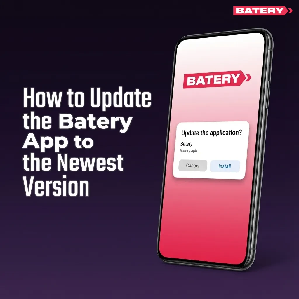 Illustrated steps showing how to update the Android Batery app via prompts, download APK, install, and restart.