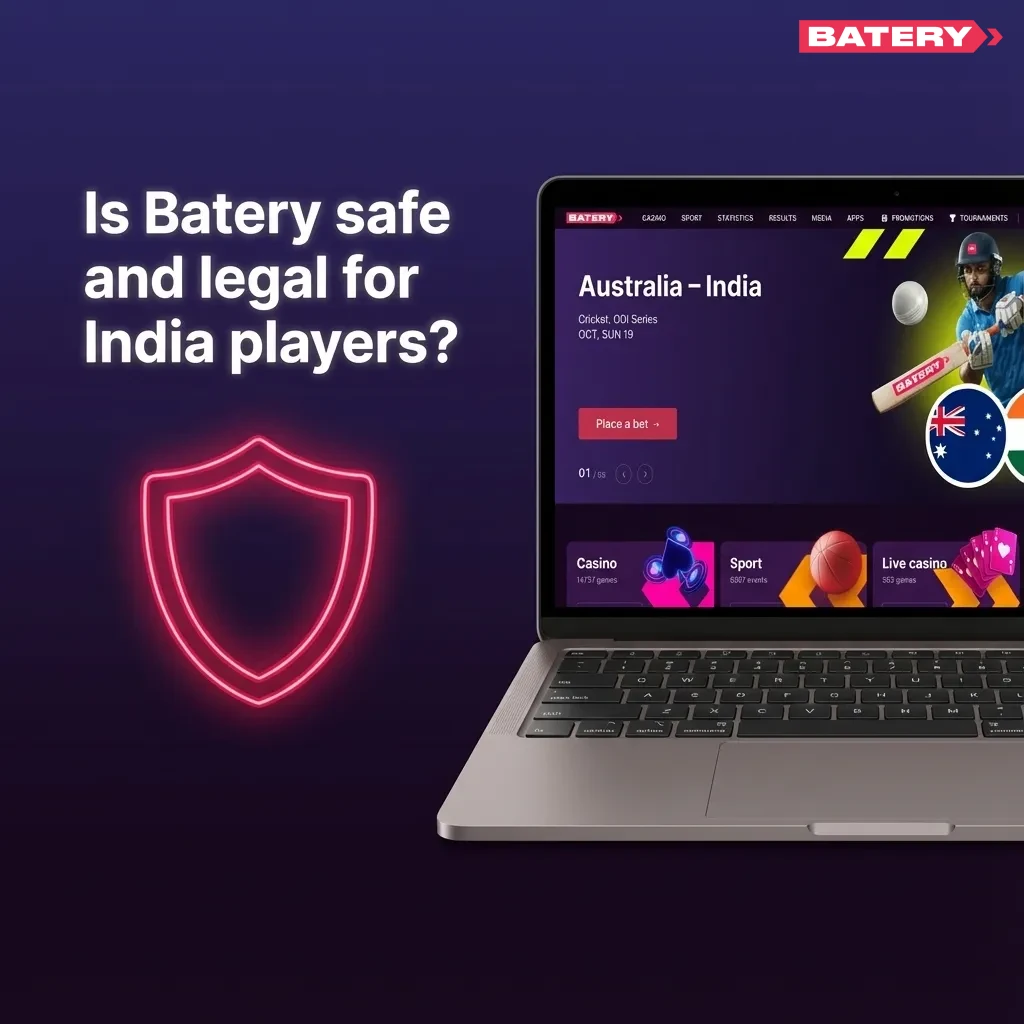 Infographic asking if Batery casino is safe and legal for Indian players, mentioning Curacao license, SSL, and varying state laws