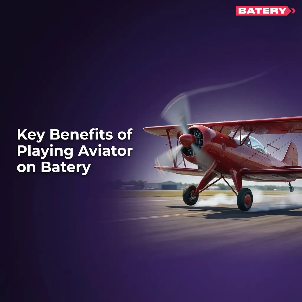 Infographic titled “Key Benefits of Playing Aviator on Batery” listing India payments, fast crash play, demo mode, mobile app, support, bonus