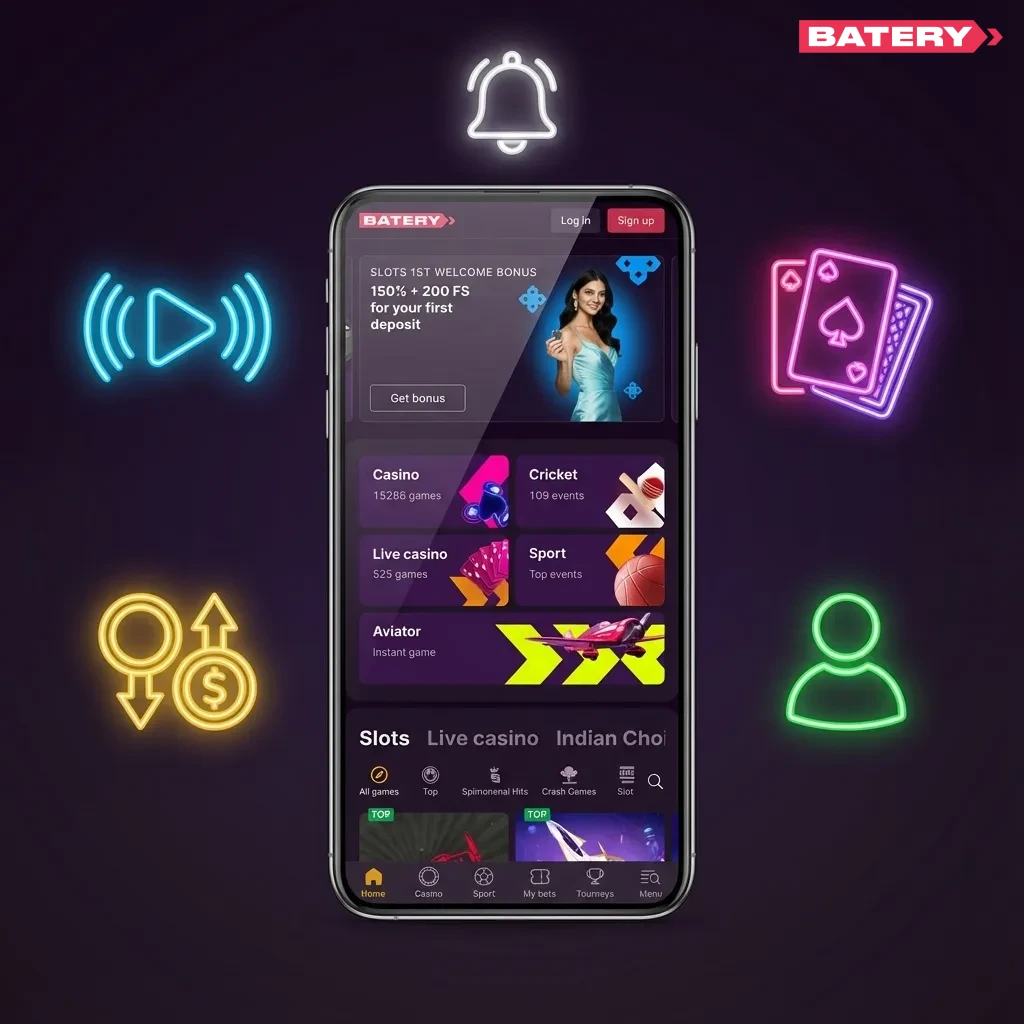 Illustrated Batery app screens showing sports betting, casino games, and INR payment options with simple bottom navigation