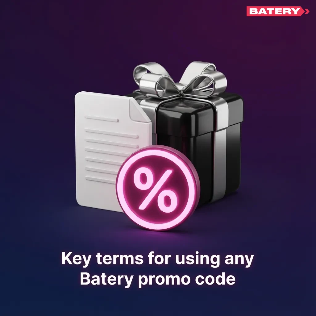 Infographic listing key terms and rules for using Batery promo codes, bonuses, wagering, and withdrawals.