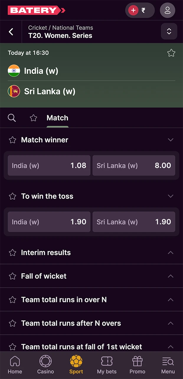 Select the option that suits you best in terms of odds and winning results on the Batery website.
