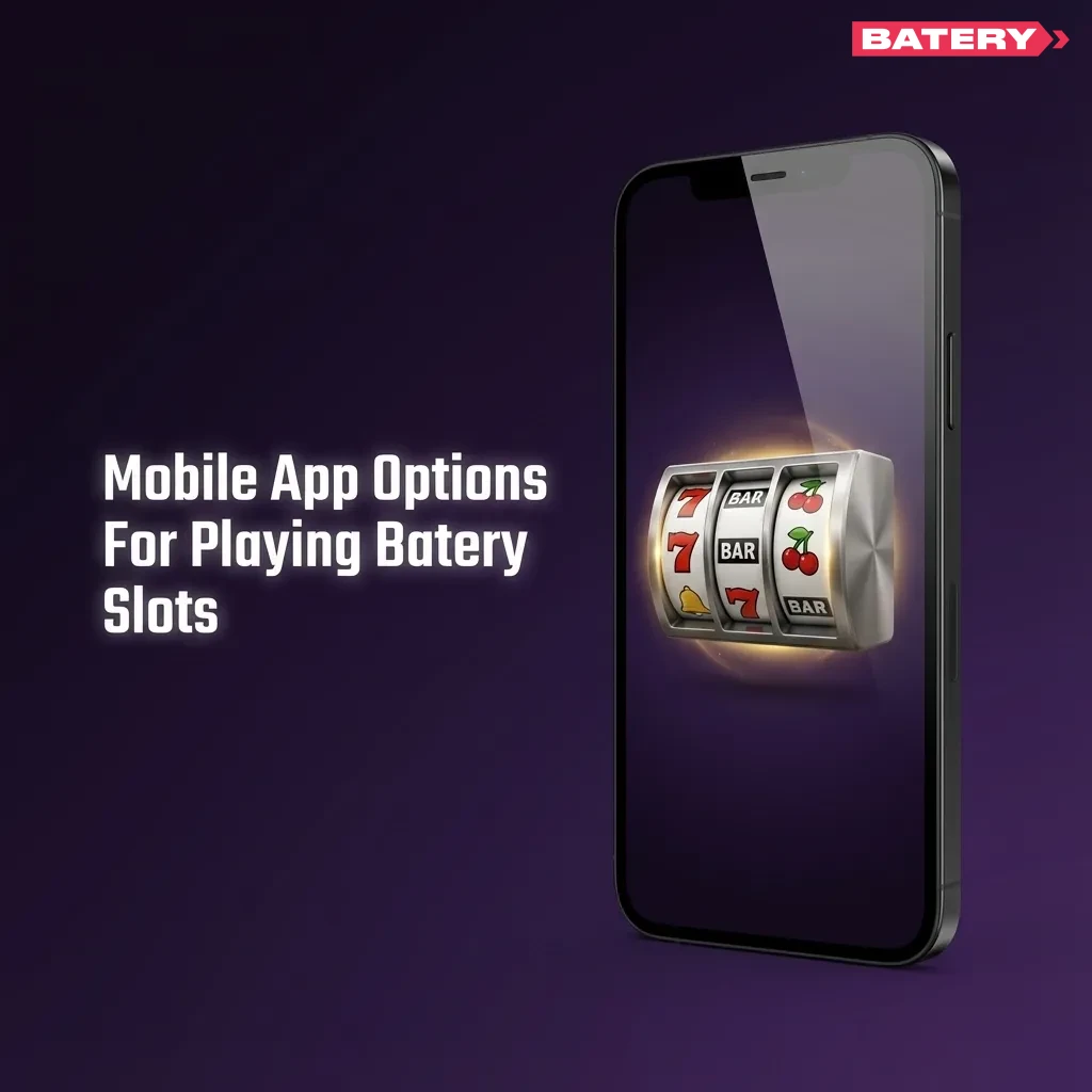 Smartphone showing Batery slots app lobby with large buttons, slot categories, and spin button on a bright casino-themed screen