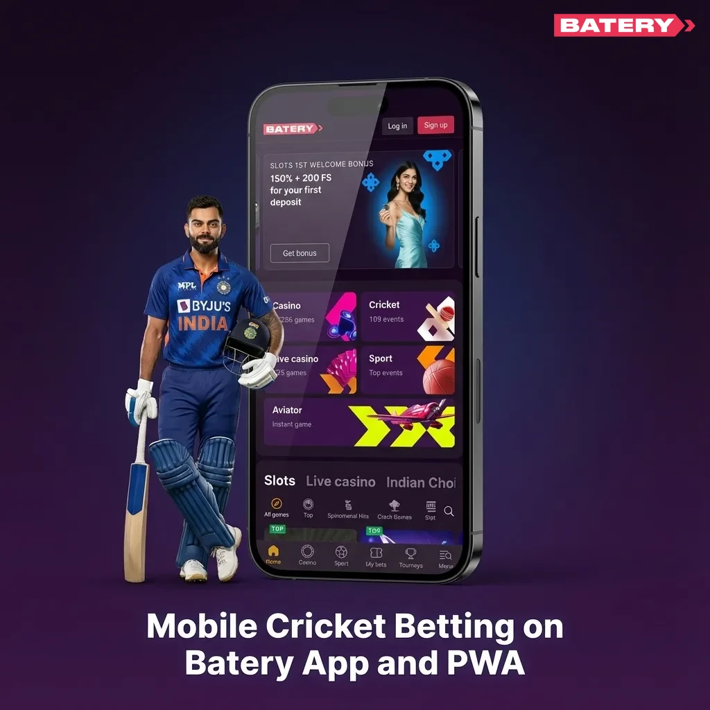 Smartphone screen showing Batery cricket betting app interface with live and pre‑match odds and bet slip options
