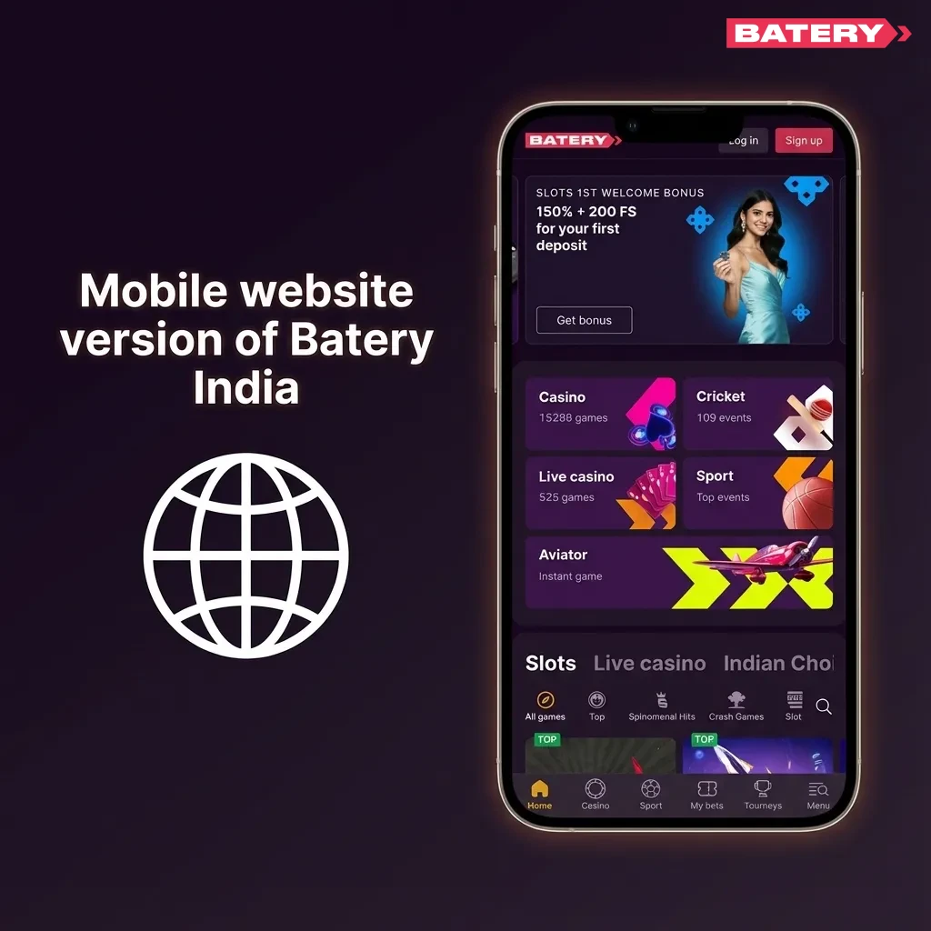 Smartphone displaying the Batery India mobile website with sports, live betting, and casino options on a touch-friendly interface