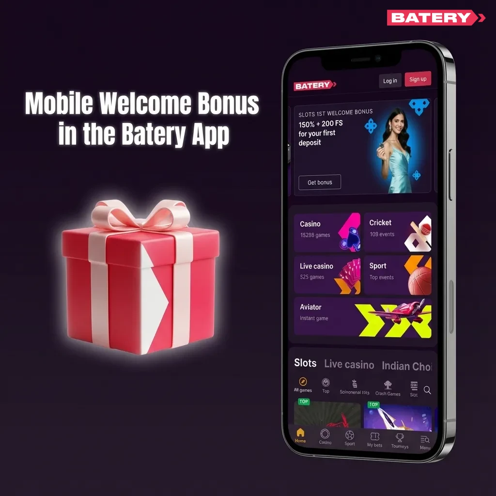 Mobile screen showing Batery app welcome bonus: 500% up to 150,000 INR plus 430 free spins for sports and casino