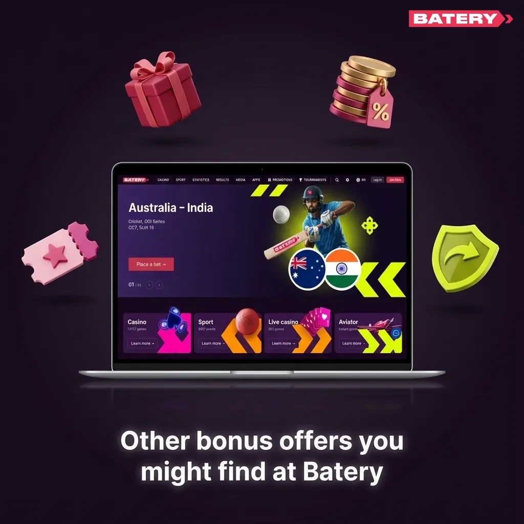 Graphic highlighting Batery casino bonuses: reload deposit, free spins, cashback, sports boost, and VIP loyalty rewards.
