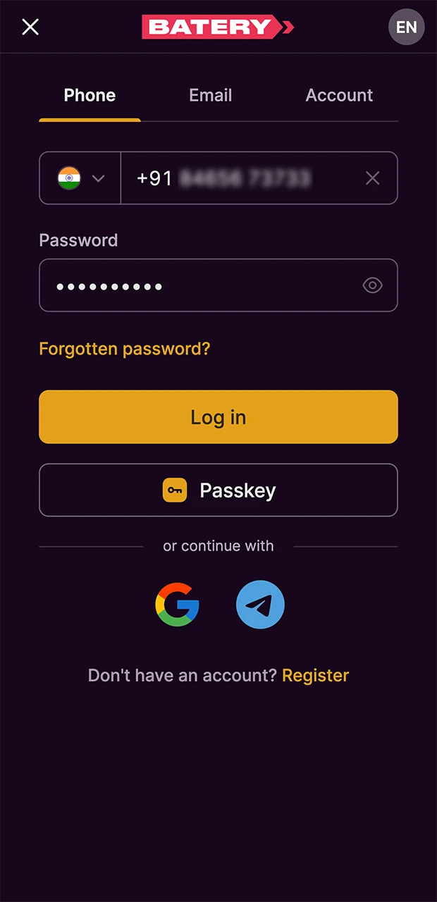 It only takes a few clicks to log in to your account on the Batery website.