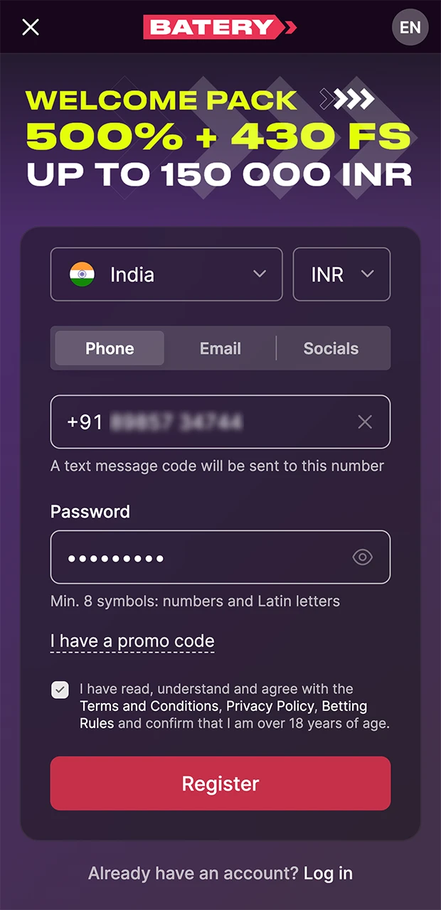 Enter your phone number, which is required to register at Batery Casino.