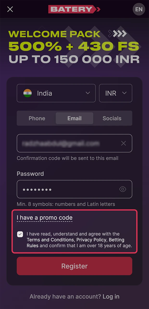 Please verify that the information is correct and enter the promotional code when registering on the Batery website.