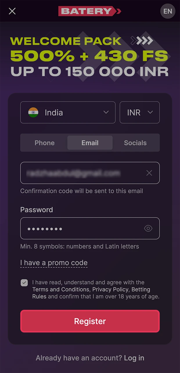 Complete your registration and start winning with Batery.