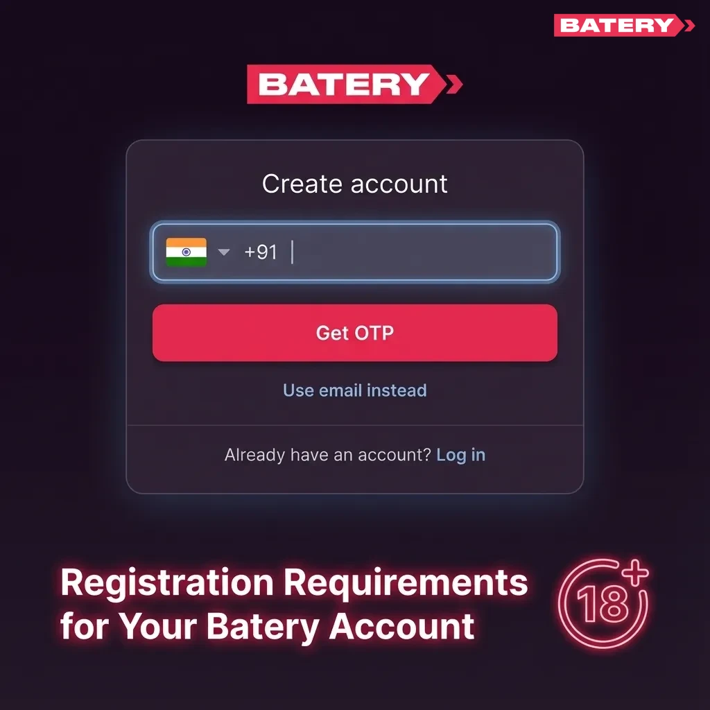 Illustration of Batery India registration rules with ID, address proof, and 18+ age requirement highlighted