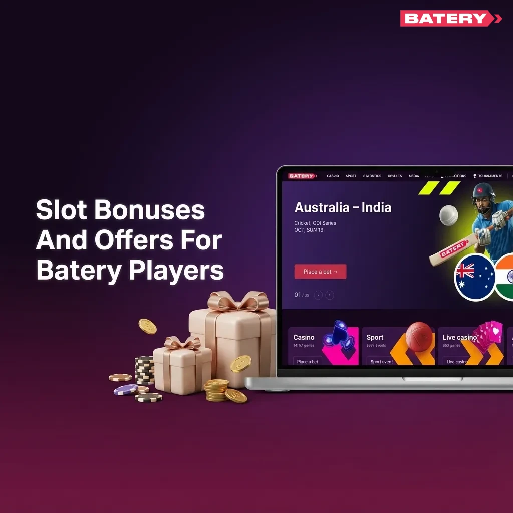 Promotional banner showing Batery casino slot bonuses: 500% welcome offer, 150,000 INR, 430 free spins, and ongoing promotions