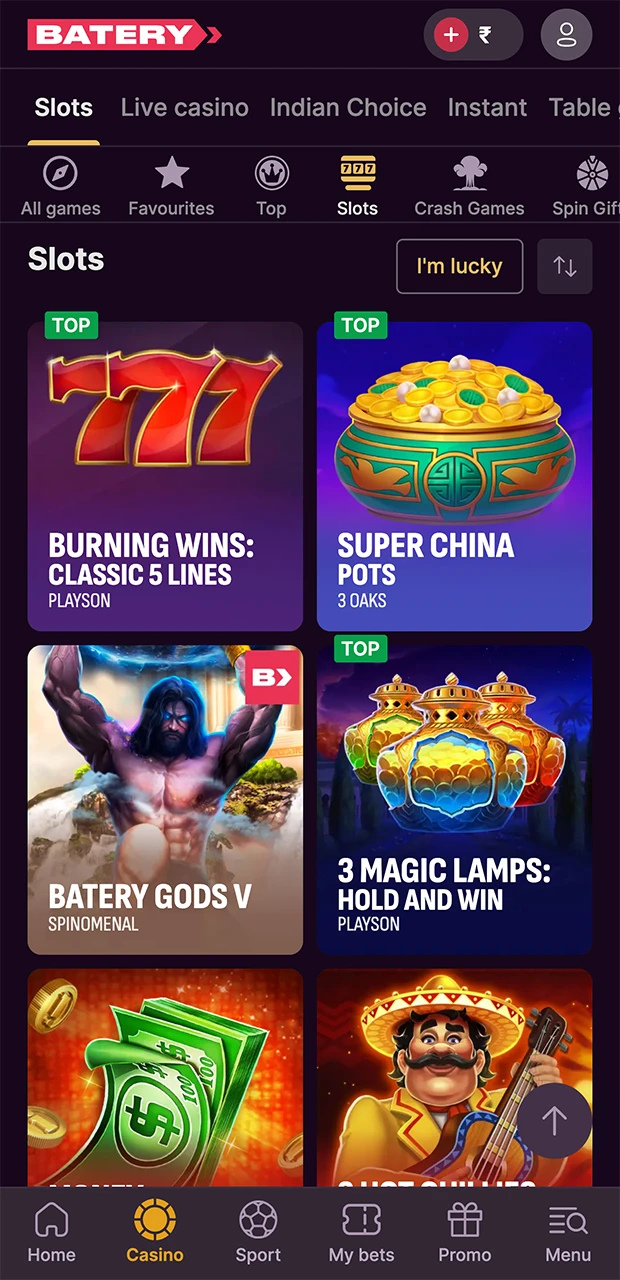 Choose one of the colourful and profitable slot games on the Batery website.