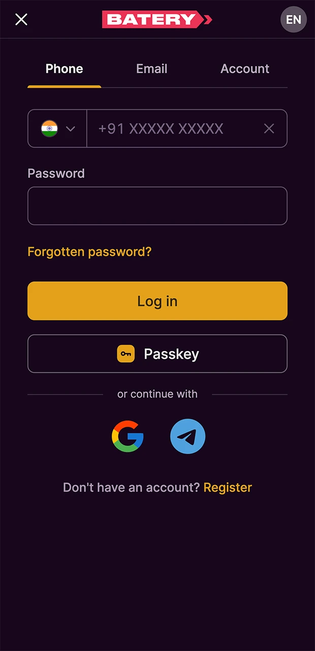 Check the keyboard layout when entering your login details on the Batery casino website.