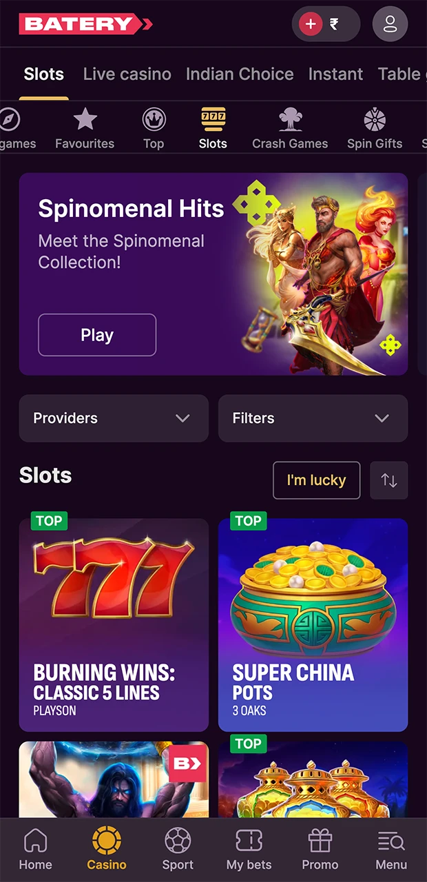 Open the tab with games and slots at Batery Casino.