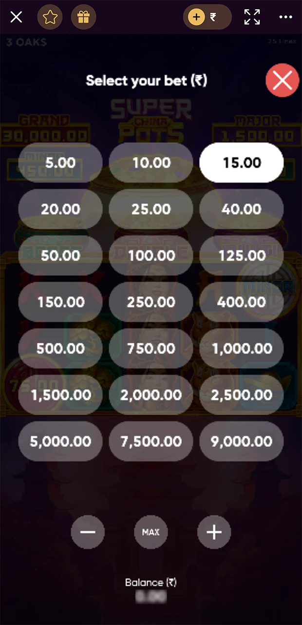 Use the list to select the appropriate bet size for slot games on the Batery website.
