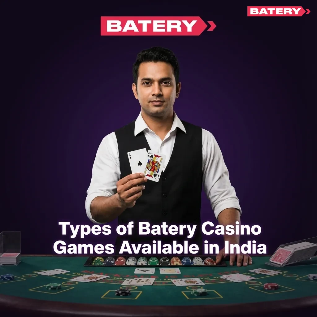 Collage of Batery casino games in India: slots, crash graph, roulette wheel, cards, and jackpot icons on a dark background