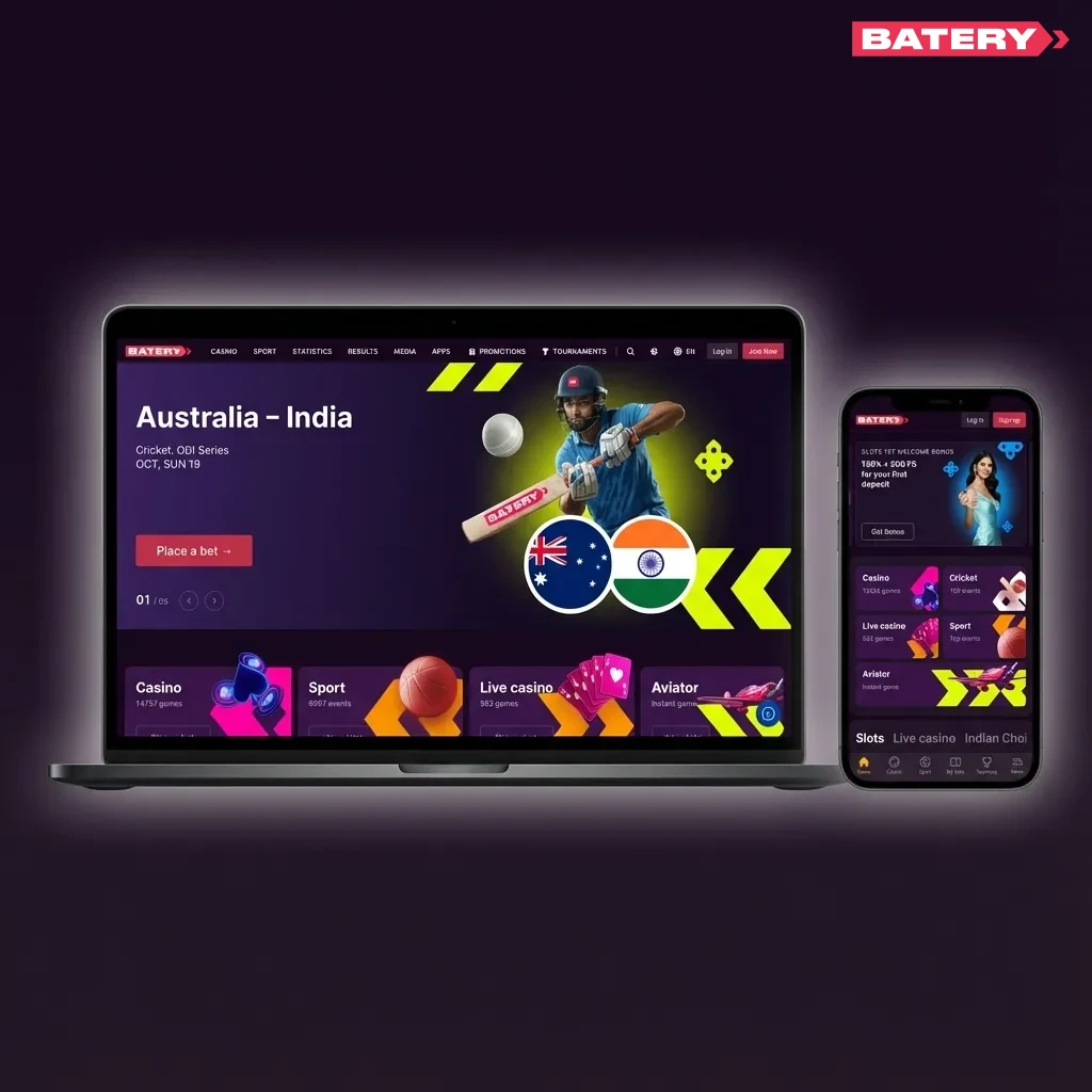 Clean Batery betting site layout for India with cricket, live betting, casino, bonuses, and quick links in top navigation