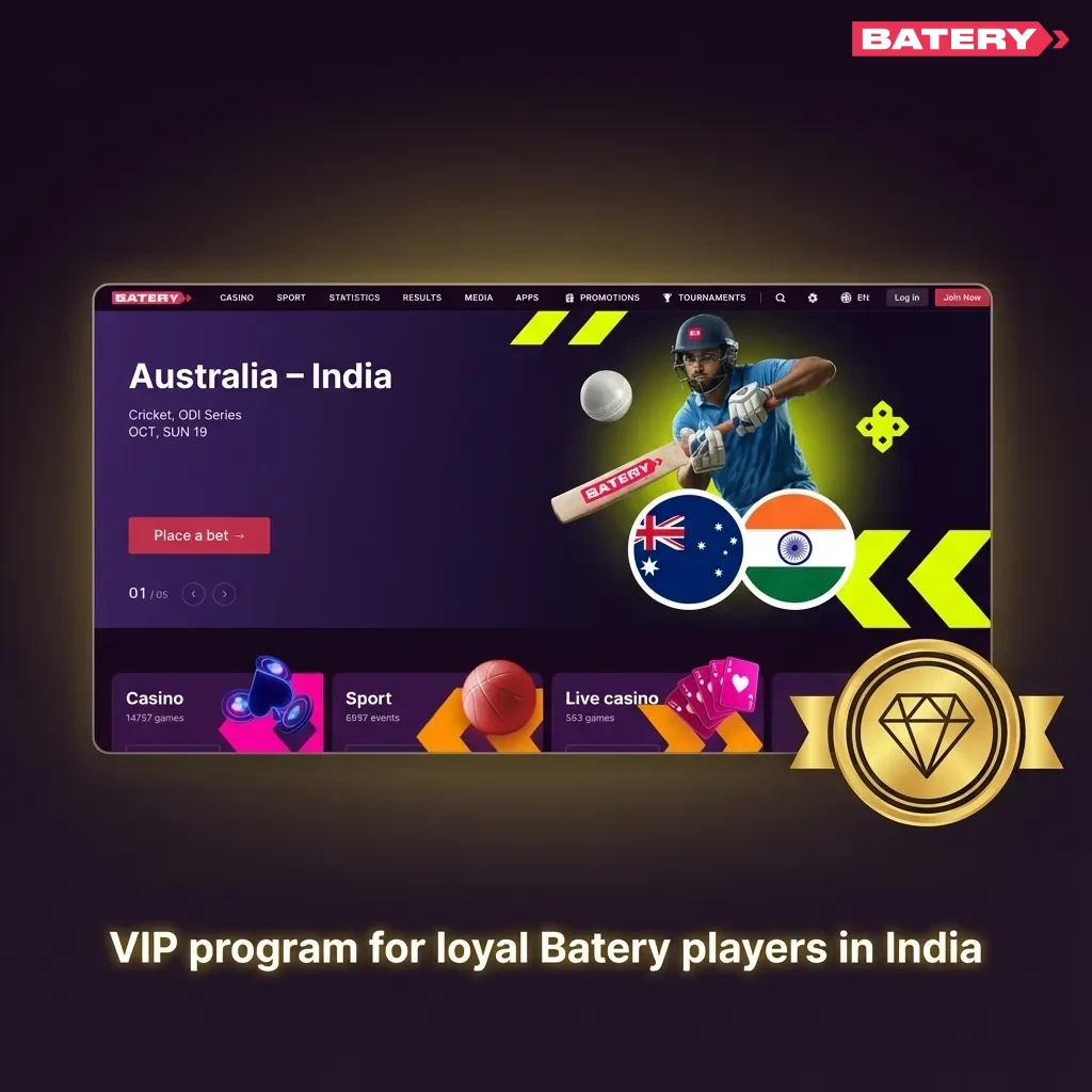 Illustration of Batery India VIP program tiers with cashback, higher limits, personal manager, bonuses, and exclusive tournaments.
