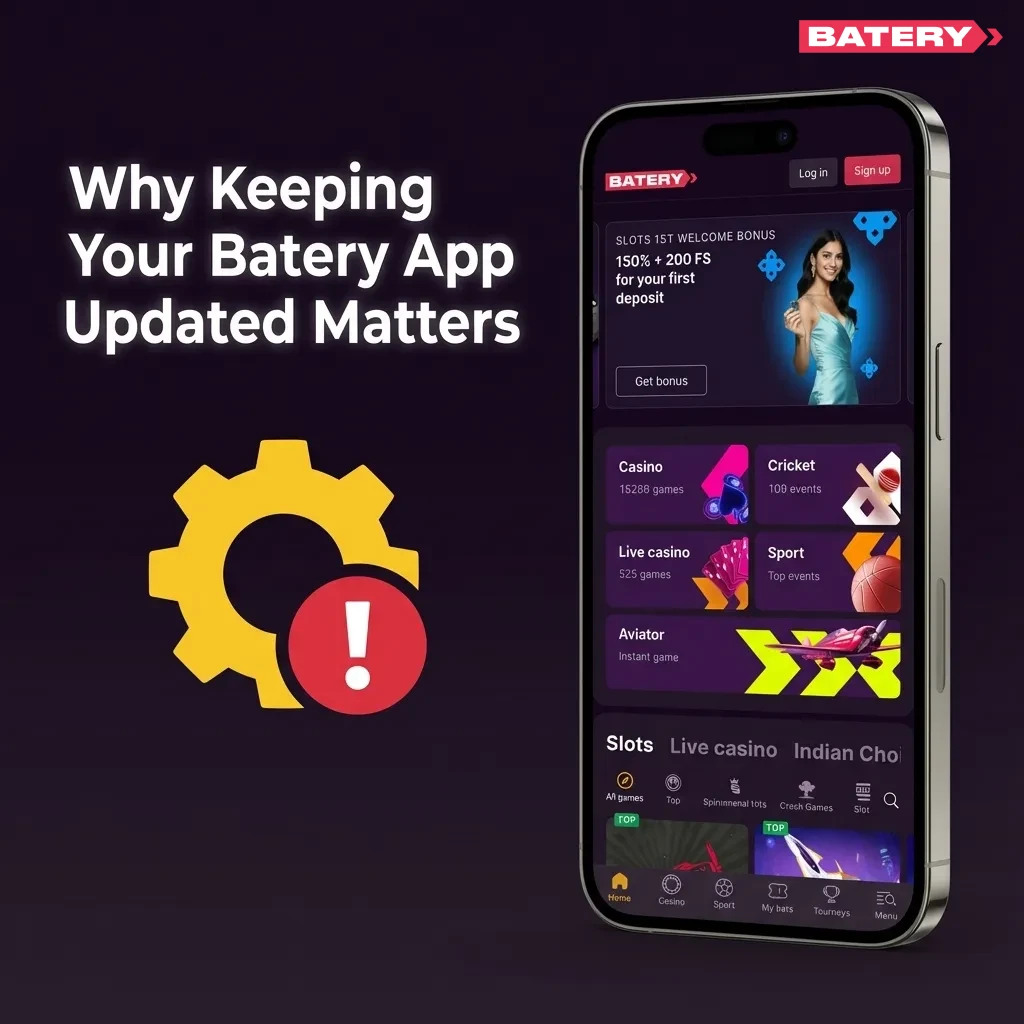 Illustration of a smartphone showing the Batery betting app with update icons, security shield, and improved performance symbols