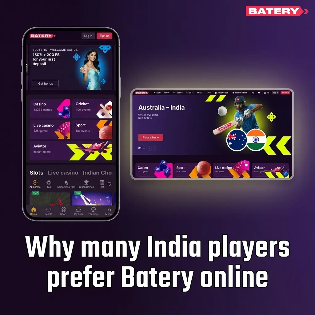 Promotional Batery India banner highlighting local payment options, strong cricket betting markets, and full online casino lobby
